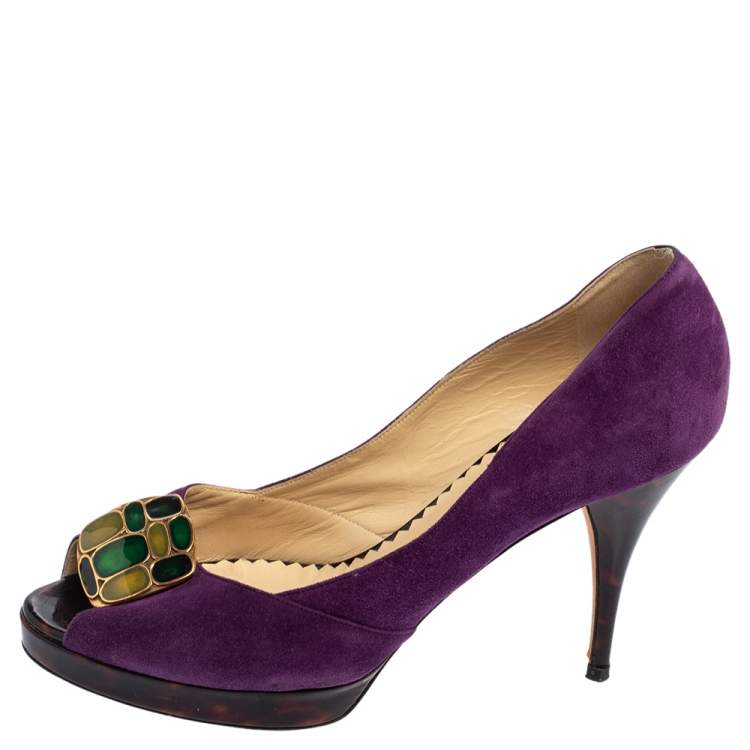 Pre Owned Oscar De La Renta Purple Suede Jewel Embellished Peep-Toe Pumps Size 38.5