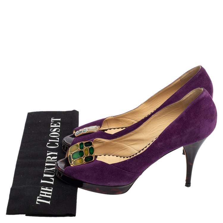 Pre Owned Oscar De La Renta Purple Suede Jewel Embellished Peep-Toe Pumps Size 38.5