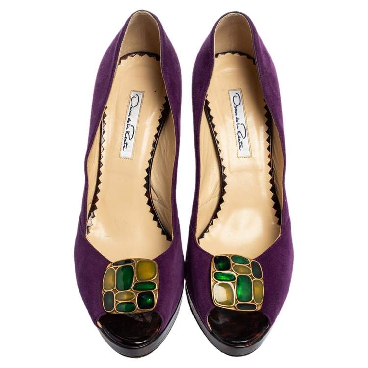 Pre Owned Oscar De La Renta Purple Suede Jewel Embellished Peep-Toe Pumps Size 38.5