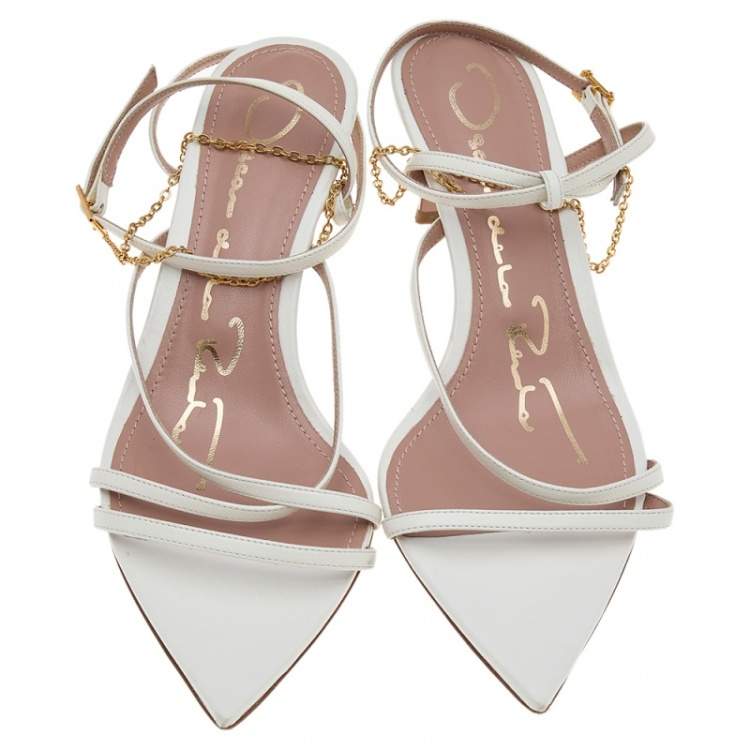Pre Owned Oscar de la Renta White Leather Ankle Strap Sandals Size 37.5