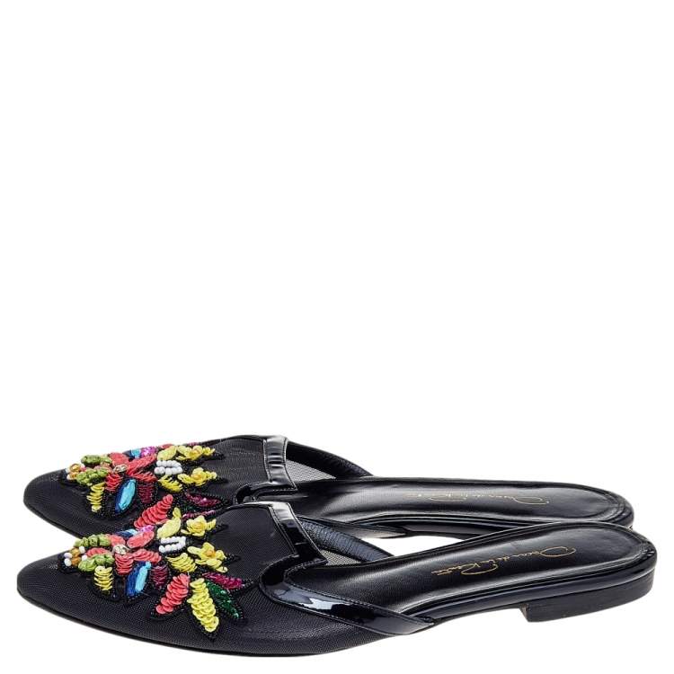 Pre Owned Oscar de la Renta Black Mesh And Patent Leather Embellished Flat Mules Size 37.5
