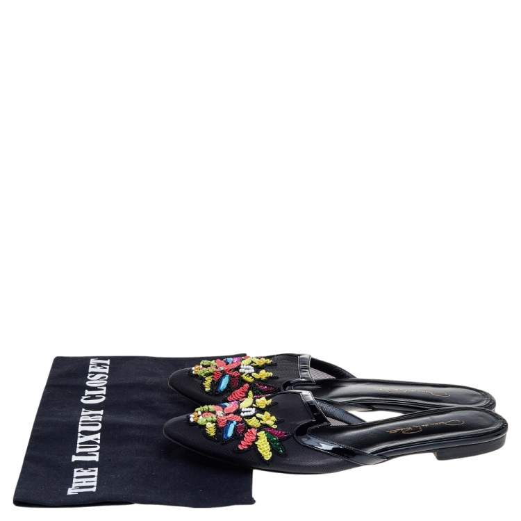 Pre Owned Oscar de la Renta Black Mesh And Patent Leather Embellished Flat Mules Size 37.5