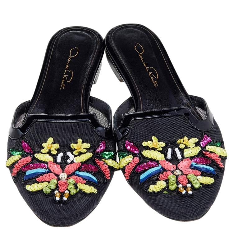 Pre Owned Oscar de la Renta Black Mesh And Patent Leather Embellished Flat Mules Size 37.5
