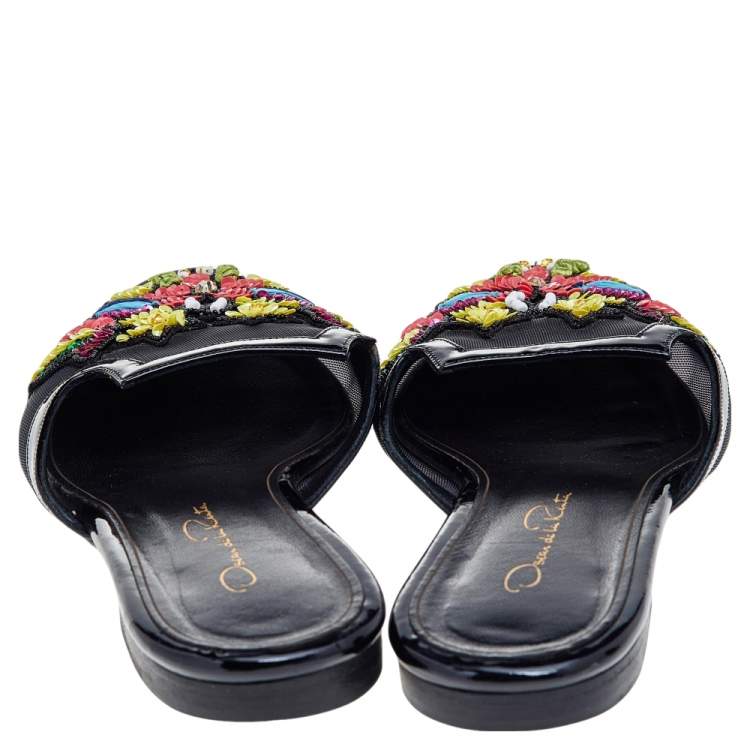 Pre Owned Oscar de la Renta Black Mesh And Patent Leather Embellished Flat Mules Size 37.5