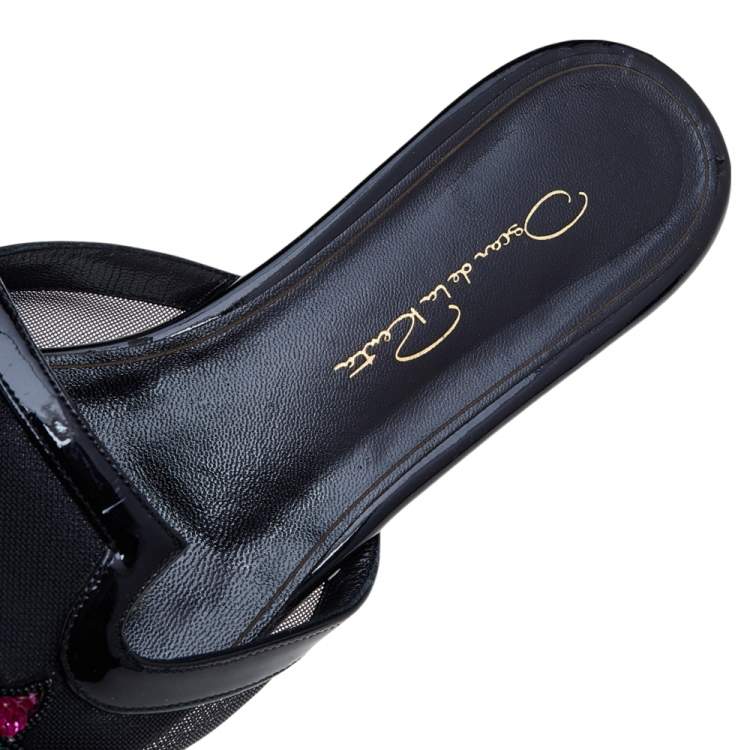 Pre Owned Oscar de la Renta Black Mesh And Patent Leather Embellished Flat Mules Size 37.5