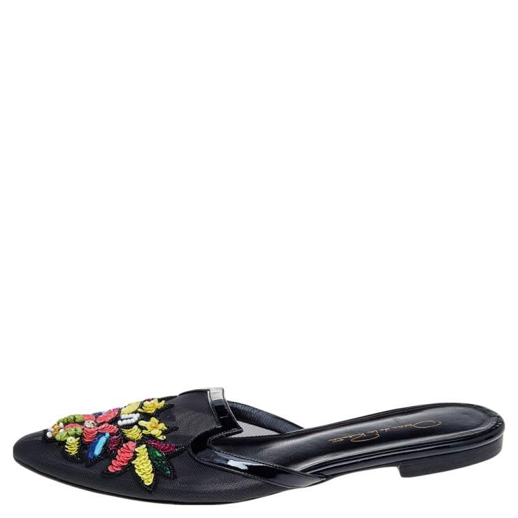 Pre Owned Oscar de la Renta Black Mesh And Patent Leather Embellished Flat Mules Size 37.5