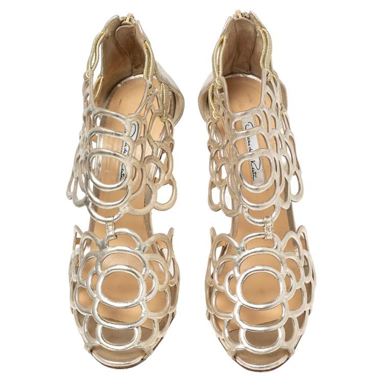Pre Owned Oscar de la Renta Golden Leather Gladia Cage Peep Toe Sandals Size 39