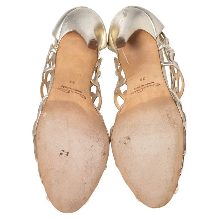 Pre Owned Oscar de la Renta Golden Leather Gladia Cage Peep Toe Sandals Size 39