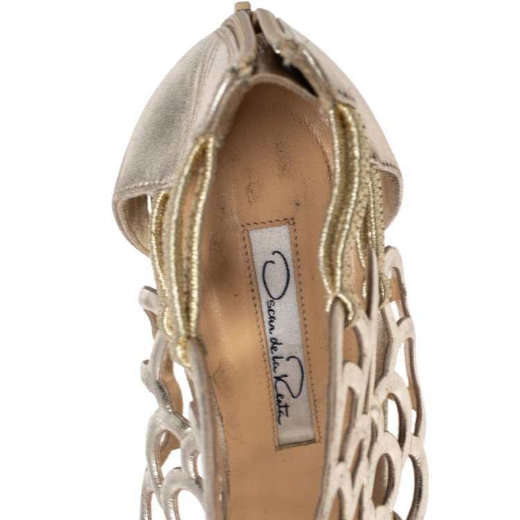 Pre Owned Oscar de la Renta Golden Leather Gladia Cage Peep Toe Sandals Size 39