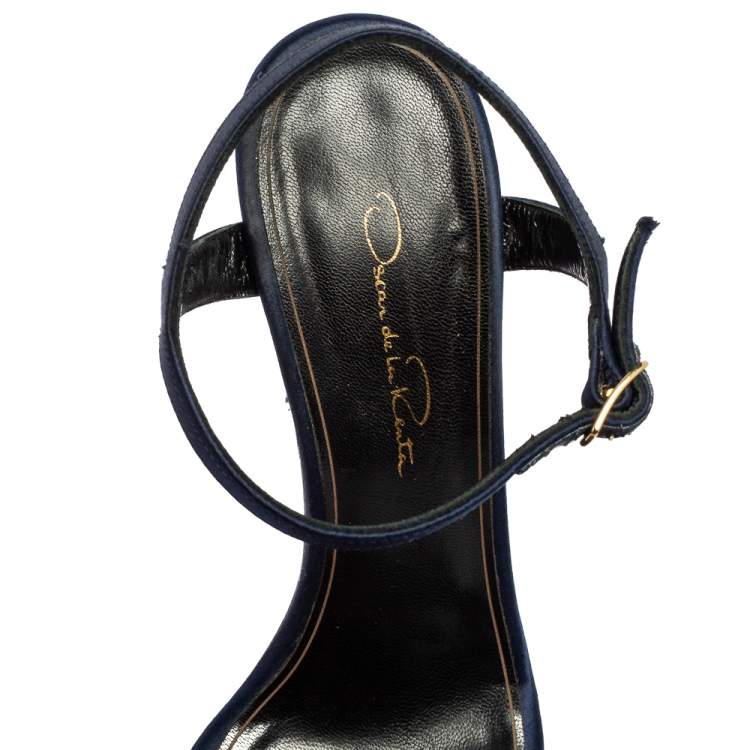 Pre Owned Oscar de la Renta Navy Blue Satin Lemmy Embellished Ankle Strap Sandals Size 37.5