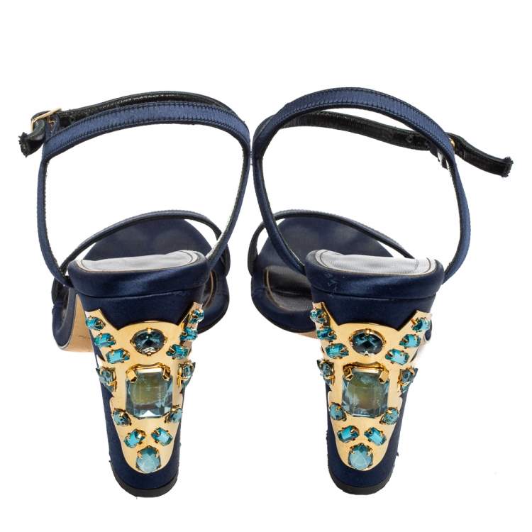 Pre Owned Oscar de la Renta Navy Blue Satin Lemmy Embellished Ankle Strap Sandals Size 37.5