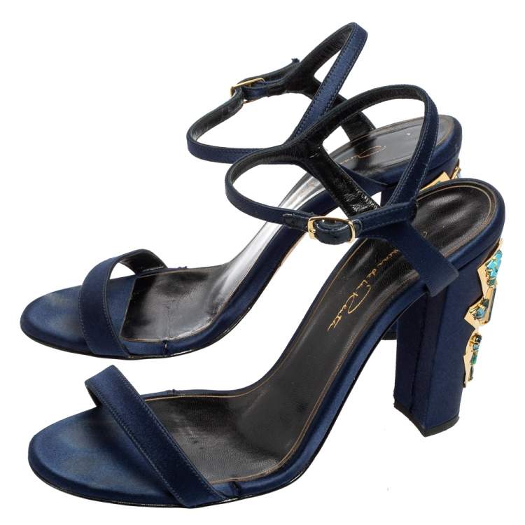 Pre Owned Oscar de la Renta Navy Blue Satin Lemmy Embellished Ankle Strap Sandals Size 37.5