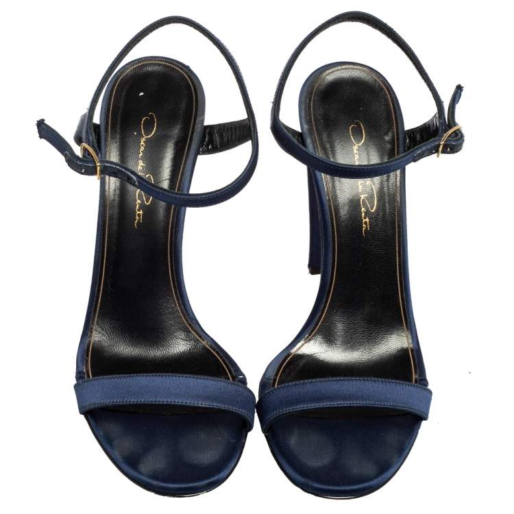Pre Owned Oscar de la Renta Navy Blue Satin Lemmy Embellished Ankle Strap Sandals Size 37.5