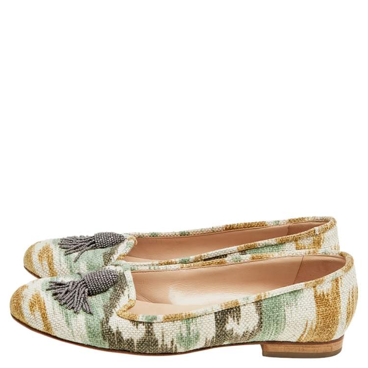 Pre Owned Oscar de la Renta Multicolor Canvas Beaded Tassel Ballet Flats Size 38.5