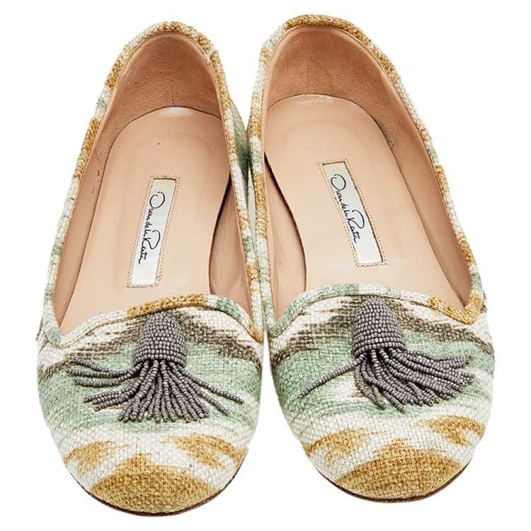 Pre Owned Oscar de la Renta Multicolor Canvas Beaded Tassel Ballet Flats Size 38.5