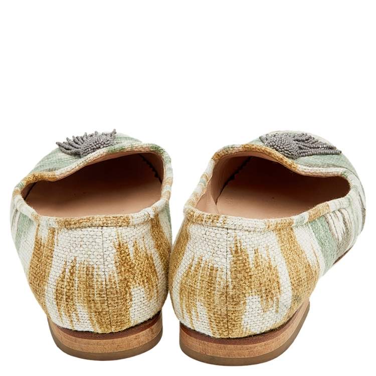 Pre Owned Oscar de la Renta Multicolor Canvas Beaded Tassel Ballet Flats Size 38.5