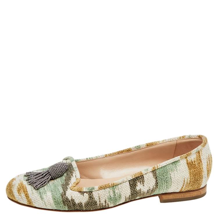 Pre Owned Oscar de la Renta Multicolor Canvas Beaded Tassel Ballet Flats Size 38.5