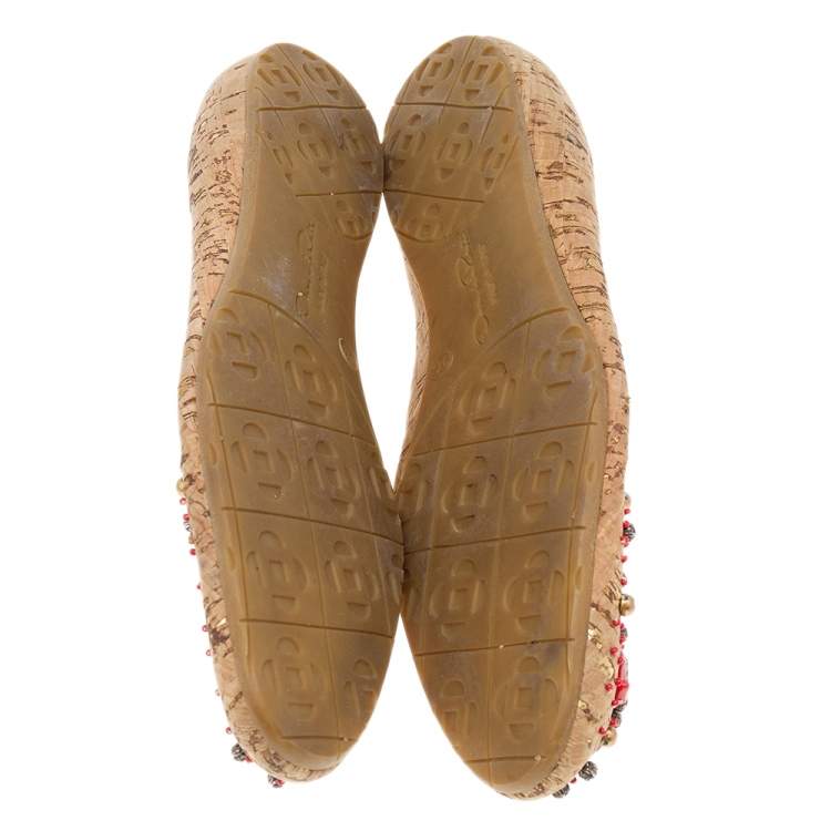 Pre Owned Oscar de la Renta Beige Leather Embellished  Flats Size 37.5