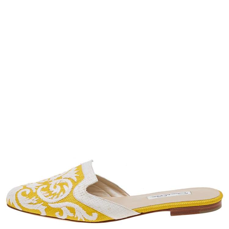 Pre Owned Oscar de la Renta White/Yellow Raffia Flat Spanish Mules Sandals Size 38