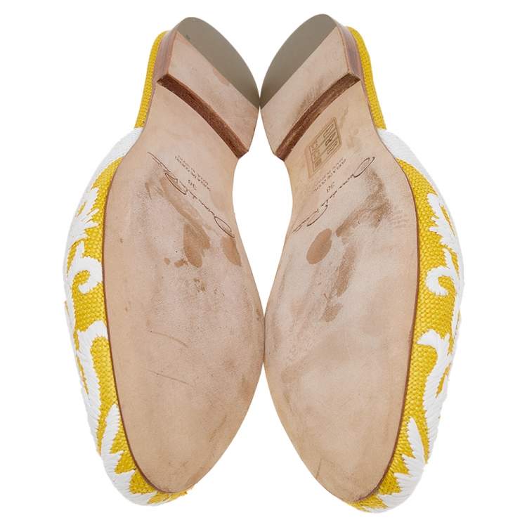 Pre Owned Oscar de la Renta White/Yellow Raffia Flat Spanish Mules Sandals Size 38