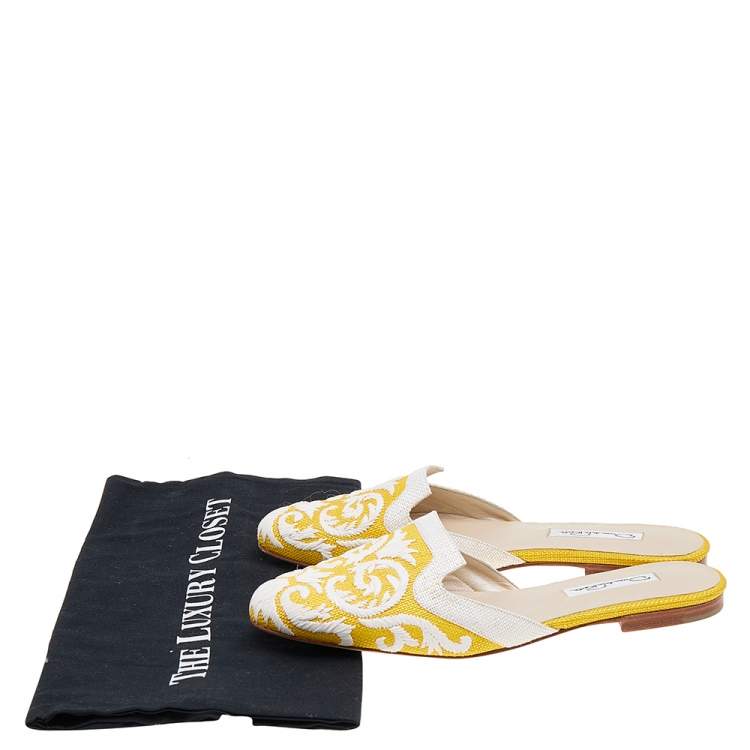 Pre Owned Oscar de la Renta White/Yellow Raffia Flat Spanish Mules Sandals Size 38