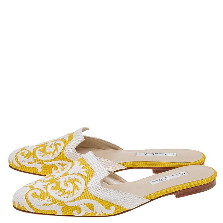 Pre Owned Oscar de la Renta White/Yellow Raffia Flat Spanish Mules Sandals Size 38