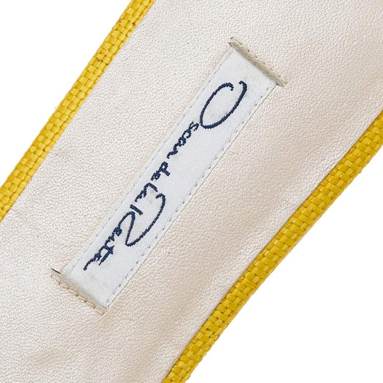 Pre Owned Oscar de la Renta White/Yellow Raffia Flat Spanish Mules Sandals Size 38