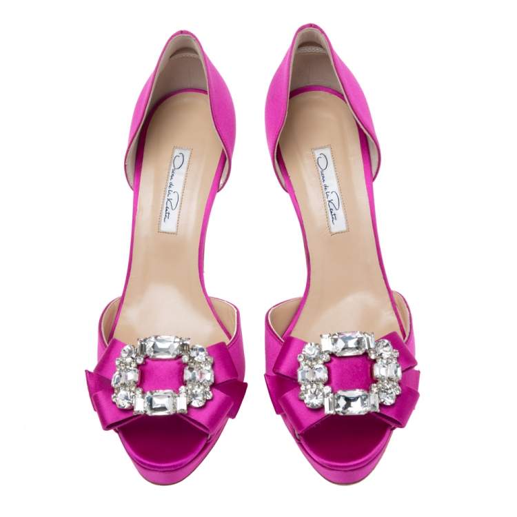 Pre Owned Oscar de la Renta Pink Satin Embellished D' Orsay Pumps  Size 40