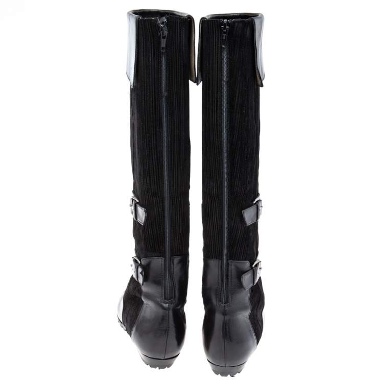مملوكة مسبقًا Oscar de la Renta Black Leather And Canvas Knee Length Boots Size 36.5