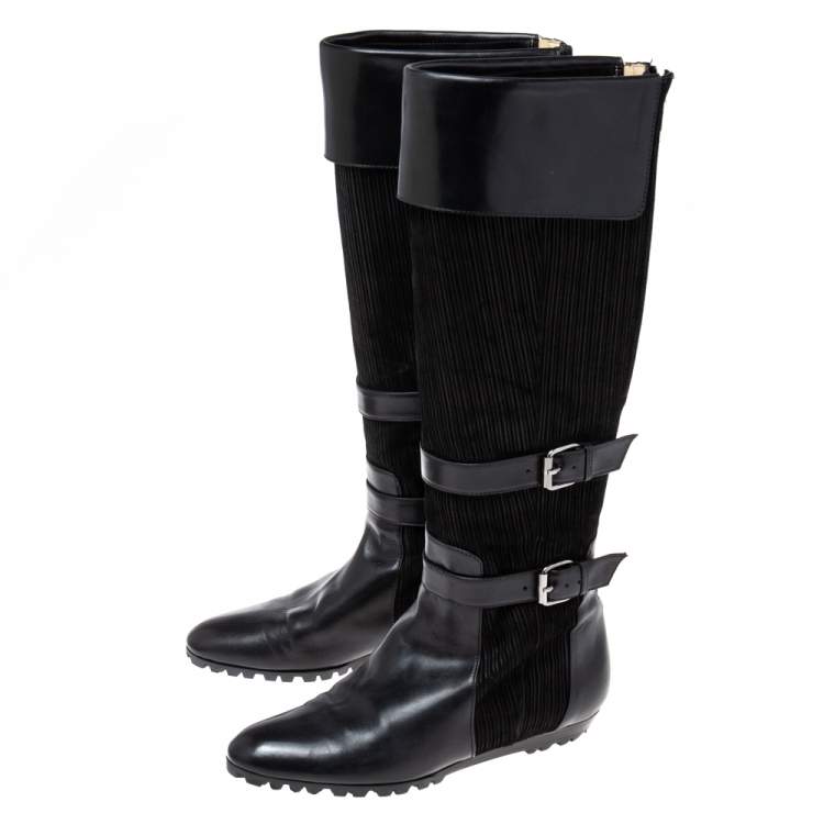 مملوكة مسبقًا Oscar de la Renta Black Leather And Canvas Knee Length Boots Size 36.5