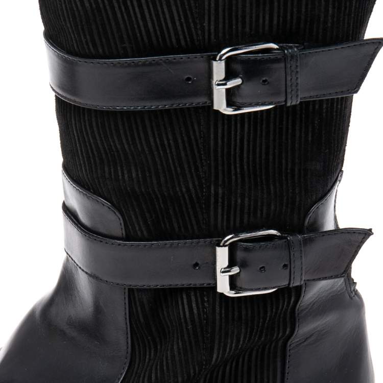مملوكة مسبقًا Oscar de la Renta Black Leather And Canvas Knee Length Boots Size 36.5