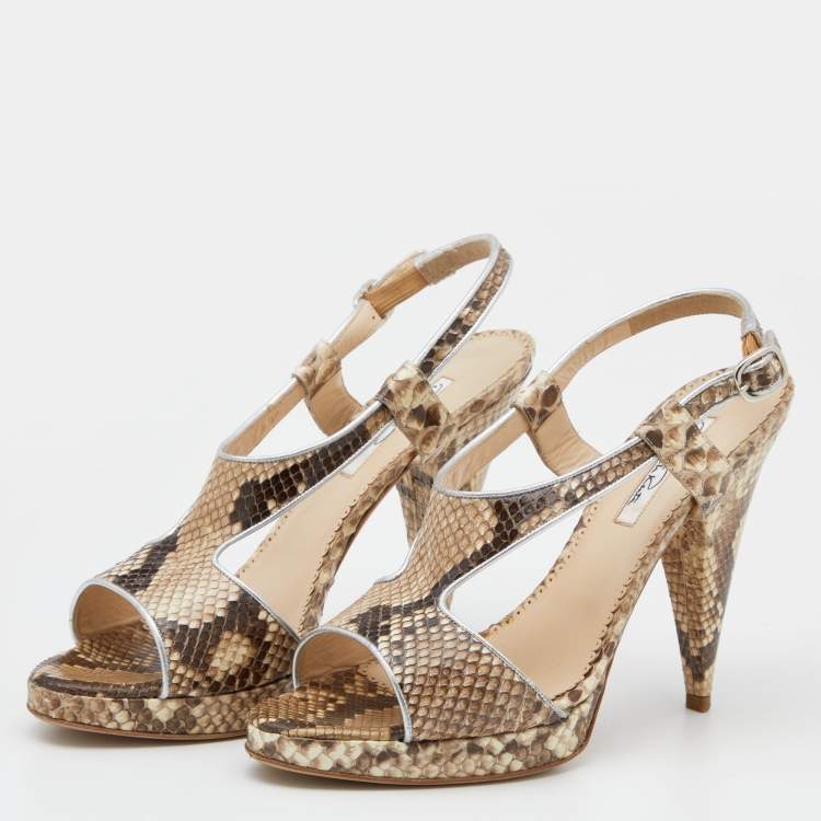 Pre Owned Oscar de la Renta Beige/Brown Python Leather Platform Ankle Strap Sandals Size 40