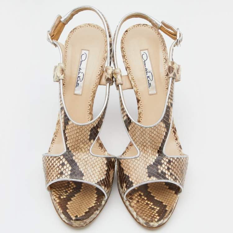 Pre Owned Oscar de la Renta Beige/Brown Python Leather Platform Ankle Strap Sandals Size 40