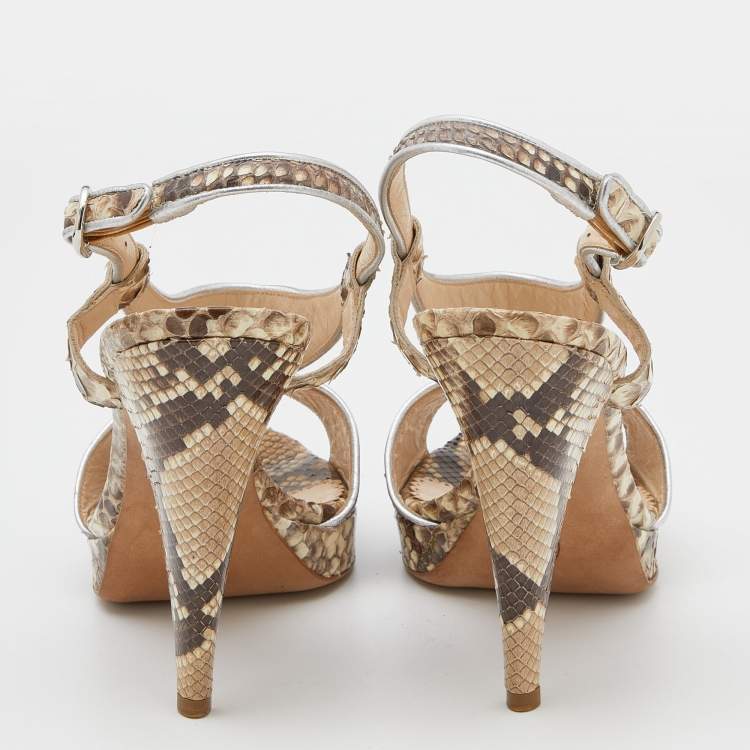 Pre Owned Oscar de la Renta Beige/Brown Python Leather Platform Ankle Strap Sandals Size 40