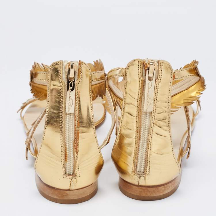 Pre Owned Oscar De La Renta Gold Leather Abigail Feather Ankle-Strap Sandals Size 38.5