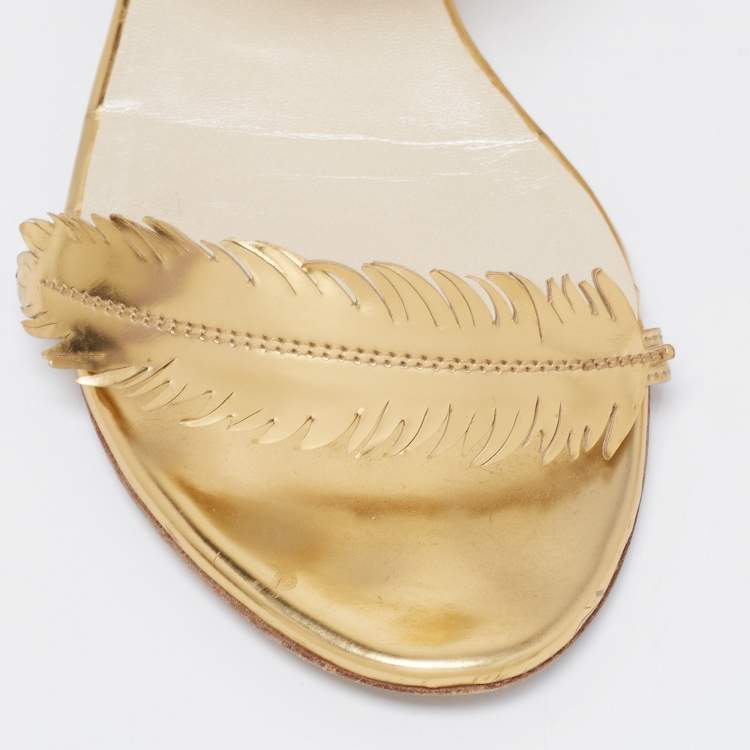 Pre Owned Oscar De La Renta Gold Leather Abigail Feather Ankle-Strap Sandals Size 38.5