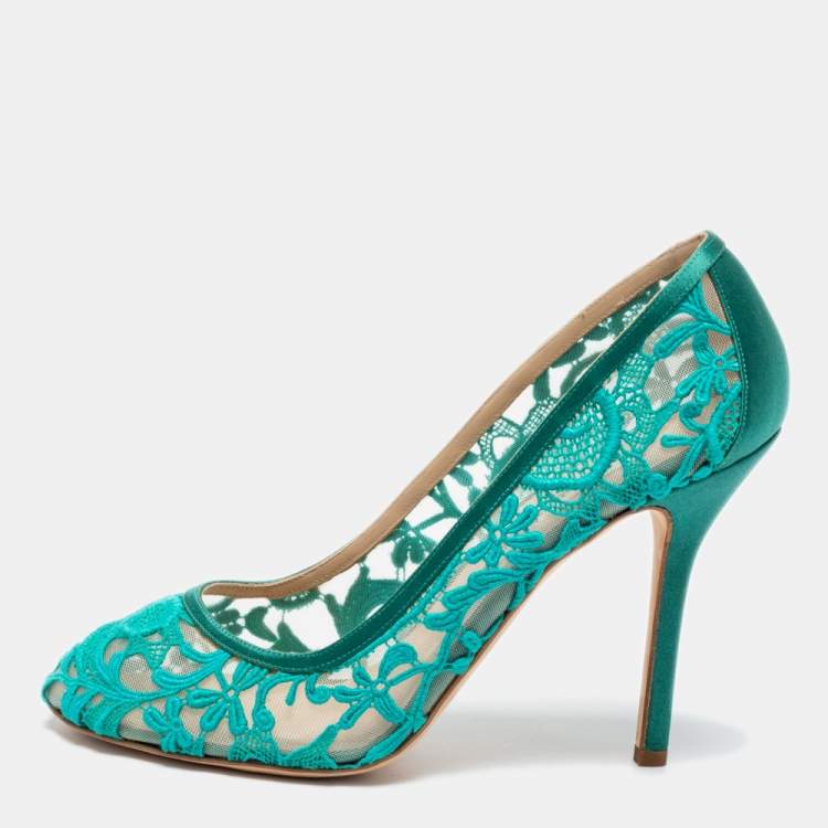 مملوكة مسبقًا Oscar de la Renta Green Lace And Mesh Pumps  Size 41