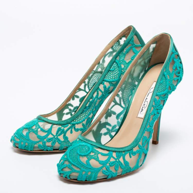 مملوكة مسبقًا Oscar de la Renta Green Lace And Mesh Pumps  Size 41