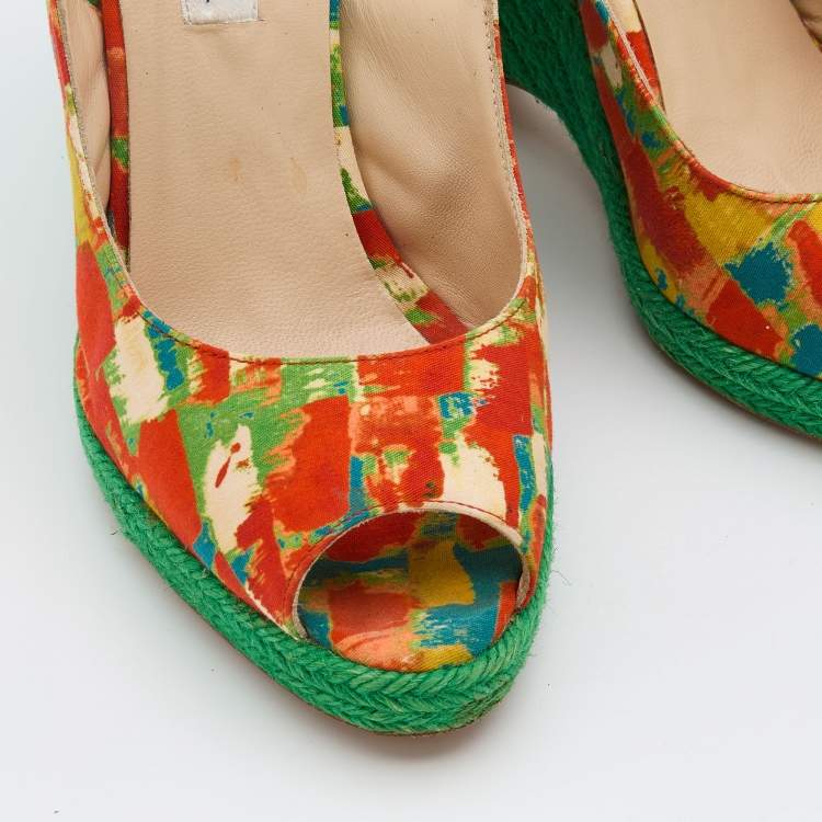 Pre Owned Oscar de la Renta Multicolor Fabric Espadrille Platform Wedge Peep-Toe Slingback Sandals Size 40