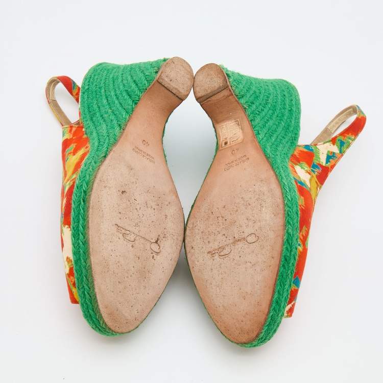 Pre Owned Oscar de la Renta Multicolor Fabric Espadrille Platform Wedge Peep-Toe Slingback Sandals Size 40
