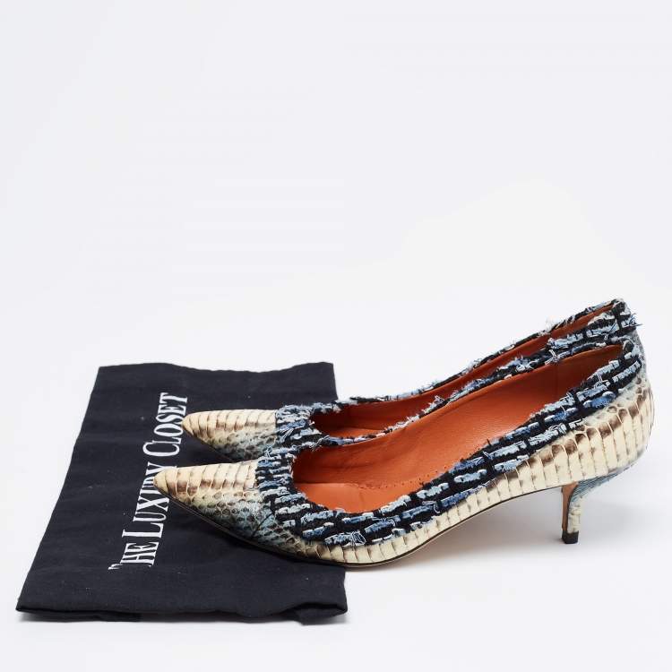 Pre Owned Oscar de la Renta Multicolor Python Leather and Fabric Pointed Toe Pumps Size 39.5