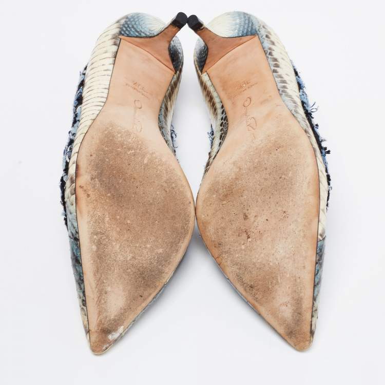 Pre Owned Oscar de la Renta Multicolor Python Leather and Fabric Pointed Toe Pumps Size 39.5
