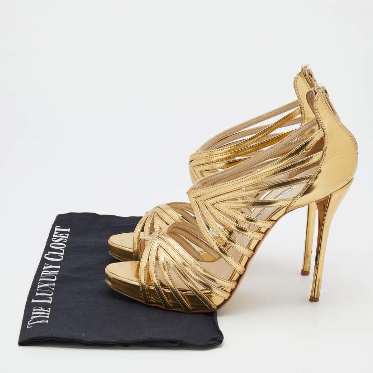 Pre Owned Oscar de la Renta Metallic Gold Leather Ankle Strap Platform Sandals Size 40