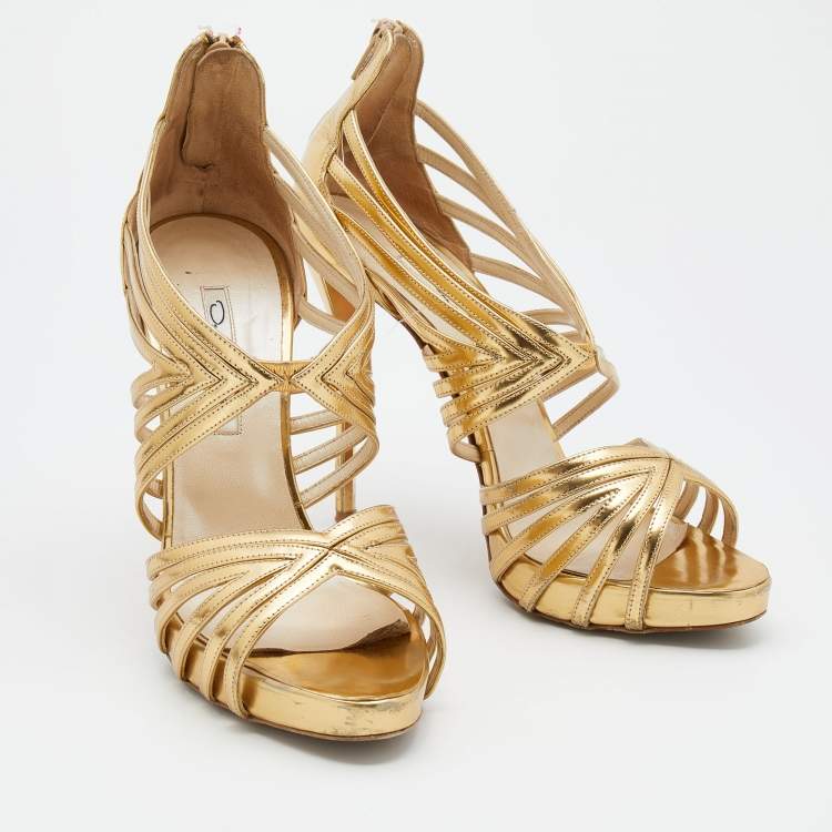 Pre Owned Oscar de la Renta Metallic Gold Leather Ankle Strap Platform Sandals Size 40