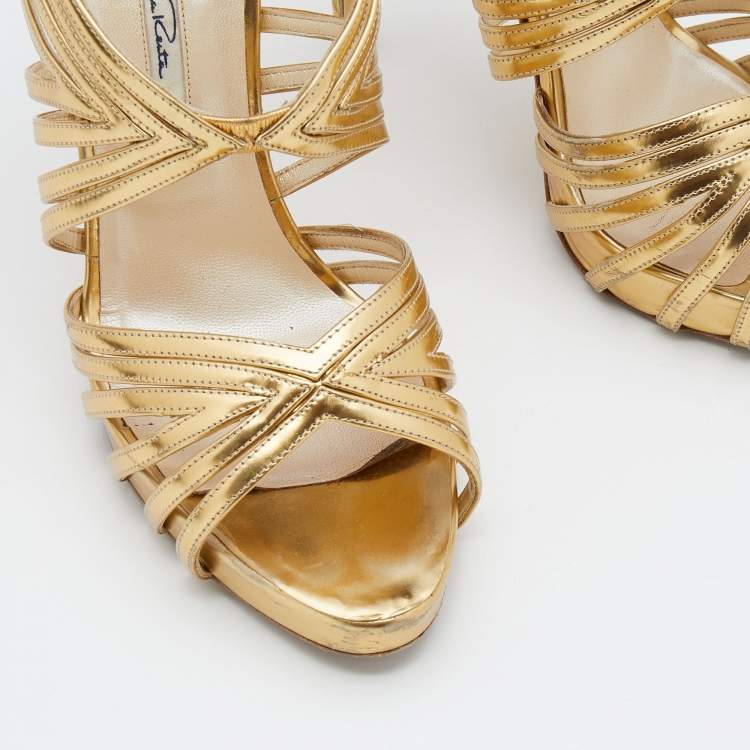 Pre Owned Oscar de la Renta Metallic Gold Leather Ankle Strap Platform Sandals Size 40