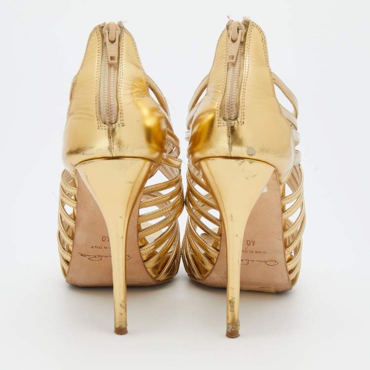 Pre Owned Oscar de la Renta Metallic Gold Leather Ankle Strap Platform Sandals Size 40