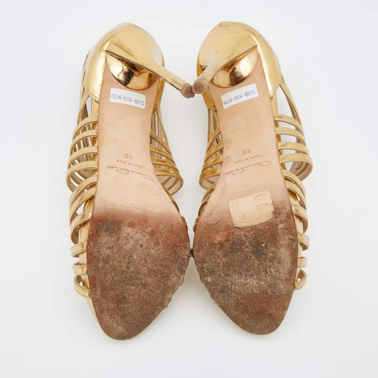 Pre Owned Oscar de la Renta Metallic Gold Leather Ankle Strap Platform Sandals Size 40