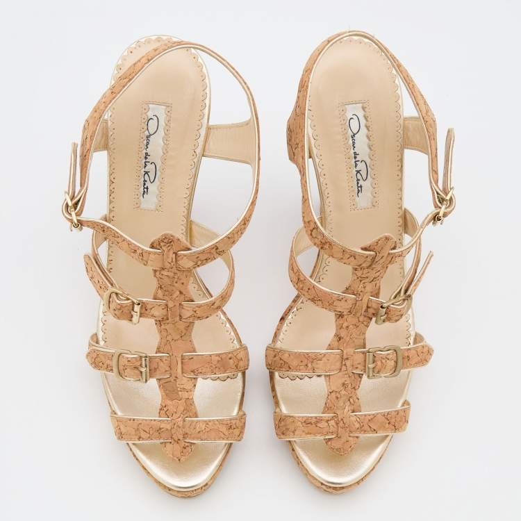 Pre Owned Oscar de la Renta Beige Cork and Leather Trim Wedge Sandals Size 38