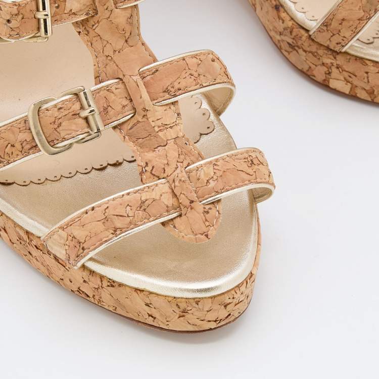 Pre Owned Oscar de la Renta Beige Cork and Leather Trim Wedge Sandals Size 38