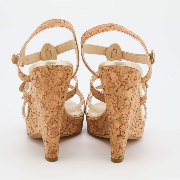 Pre Owned Oscar de la Renta Beige Cork and Leather Trim Wedge Sandals Size 38